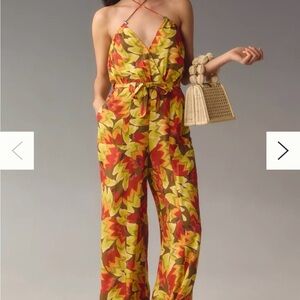 Farm Rio Sleeveless Halter Floral Wide-Leg Jumpsuit in Yellow & Red
